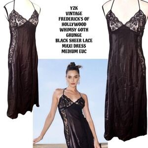 Y2K VINTAGE FREDERICKS OF HOLLYWOOD BLACK LACE SATIN MAXI GRUNGE DRESS MEDIUM